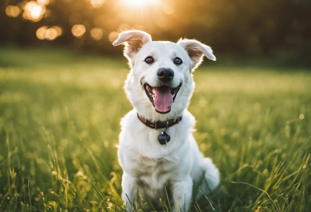 A happy white dog on a green grass lawn