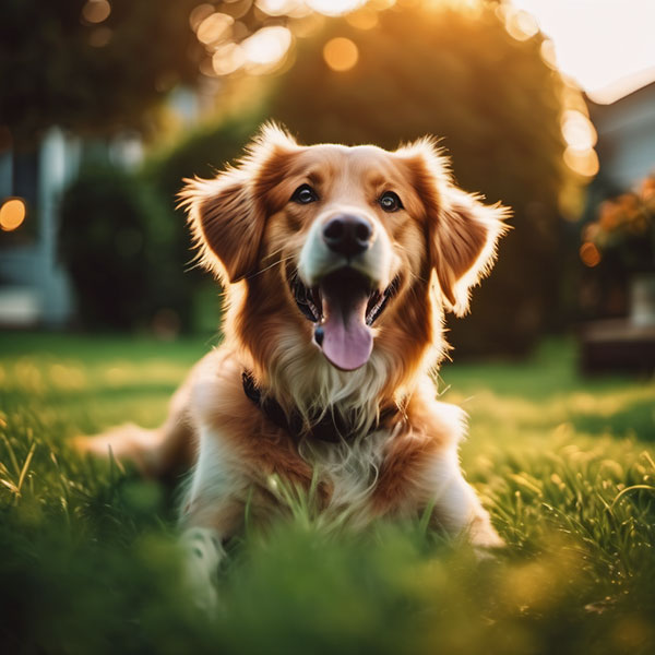 A happy white dog on a green grass lawn